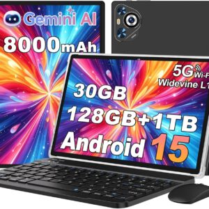 Android 15 Tablet, 30GB RAM + 128GB ROM 1TB TF, 2026 Tablet with Keyboard and Mouse, 10.1 inch Touchscreen, 8000mAh Battery, Incell Display, 2.0GHz, Gemini AI, 5G WiFi, BT 5.0, GPS - Metal Black