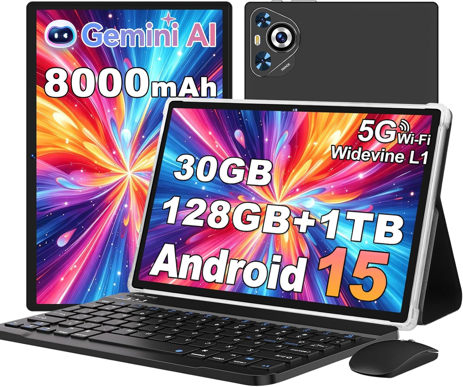 Android 15 Tablet, 30GB RAM + 128GB ROM 1TB TF, 2026 Tablet with Keyboard and Mouse, 10.1 inch Touchscreen, 8000mAh Battery, Incell Display, 2.0GHz, Gemini AI, 5G WiFi, BT 5.0, GPS - Metal Black