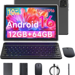 Tablet Android 16 10 Inch 12GB RAM+64GB ROM/ 1TB Expandable, 1280 * 800 HD Touch Screen, 5G WiFi6 BT 5.0, 2 in 1 Tab with Keyboard Case Mouse Stylus (Black)