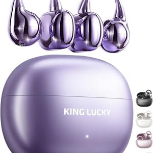 King Lucky Clip-On Earbuds Gen 3, Open-Ear Wireless Bluetooth 6.0 Headphones with Mic, Secure Fit for Small Ears & Glasses Wearers, 50H Playtime, ENC, IPX5 Waterproof Sport Ear Buds (Purple)